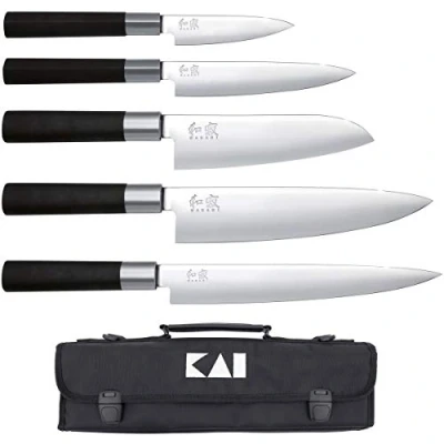 Afbeelding van KAI Wasabi Black uitgeruste messentas veelzijdig mes 10 cm, multifunctioneel 15 Santoku 16,5 koksmes 20 hammes 23 cm gepolijst 6A/1K6 roestvrij staal 58 (±1) HRC