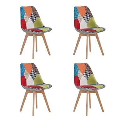 Afbeelding van BenyLed Set van 4 moderne eetkamerstoelen patchwork met gevoerde zitting en houten poten, ideaal voor eetkamer, woonkamer, slaapkamer enz. (rood)