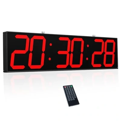 Afbeelding van CHKOSDA 27&#039;&#039; dubbelzijdige digitale wandklok, multifunctionele klok met timer, temperatuur en datumweergave, groot display voor gangen, treinstations ziekenhuizen (rood)