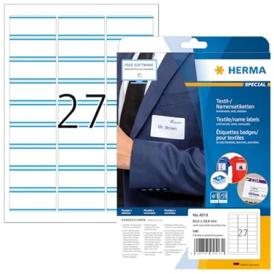 Afbeelding van HERMA Special Name labels Acetaatzijde verwijderbare zelf klevende laag witte/blauwe strepen 63.5 x 29.6 mm 540 etiket(ten) (20 vel(len) 27) etiketten