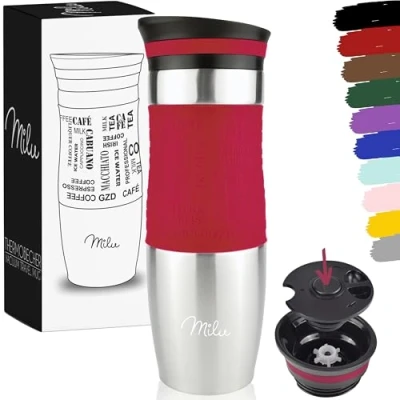 Afbeelding van Milu thermobeker 370 ml, 450ml 100% lekvrij isoleerbeker, koffiebeker to go, drinkbeker van roestvrij staal autobeker dubbelwandige isolatie reismokken Travel mug (450ml, Rood)