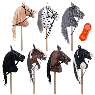 Afbeelding van RL24 HKM Paardenhoofd met rijborstel &quot;Magic Brush&quot;, kop houten stok, lange pluche manen, zonder handgrepen of wielen, Hobby Horse Pepper, zwart/wit