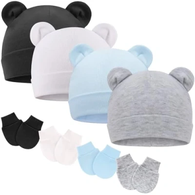 Afbeelding van DRESHOW Babymutsen en wanten, beschermende pasgeborenen, peuters, zacht, schattig, gebreid, muts, 0 6 maanden, één maat, 4 Sets: Bear Ears Hoeden &amp; Mittens Double Layer H09