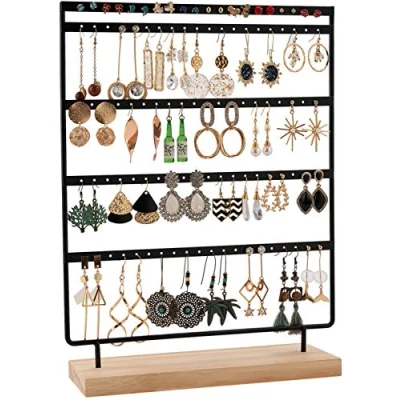 Afbeelding van QILICZ Sieradenstandaard oorbelhouder 100 gaten oorbel standaard, 5 dieren metalen oorringen organizer met houten basis, oorsteker display sieradenhouder 35x27cm oorsieraden opslag