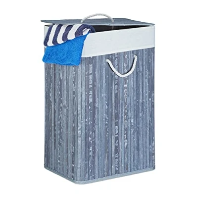 Afbeelding van Relaxdays wasmand bamboe wasbox opvouwbaar wasgoedmand met deksel badkamer waszak grijs