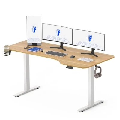 Afbeelding van FLEXISPOT Lite Elektrisch Zit/Sta Bureau In Hoogte Verstelbaar Sta met Bekerhouder en Haken, Toetsenbordpaneel Geheugenfuncties 160 x 75 cm (Wit Frame + Esdoorn Blad)