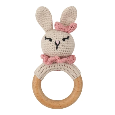 Afbeelding van Dutsi Houten Bijtring &amp; Rammelaar Met Gebreid Dierenfiguurtje Ø 7 cm Konijn