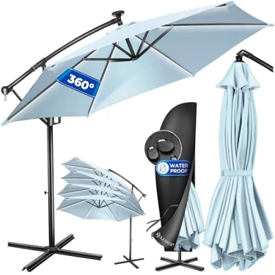 Afbeelding van KESSER® Aluminium led zweefparasol met afdekking, afstandsbediening en zwengel, zwengel parasol standaard, 360 functie, uv bescherming, aluminium, waterdicht (lichtblauw, 300 cm)