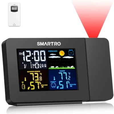 Afbeelding van SMARTRO SC91 Projectiewekker voor slaapkamer, met weerstation, binnen en buitenthermometer draadloze sensor, hygrometer/vochtigheidsmonitor