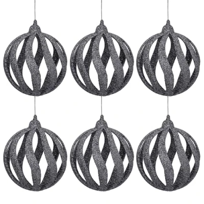 Afbeelding van Antraciet kerstballen, set opengewerkte kerstboomversiering 8 cm, 6 st.
