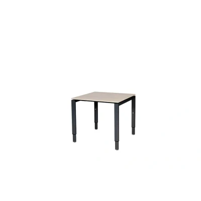 Afbeelding van Domino bureau, hoogte instelbaar (62 85cm) met 80x80cm &#039;zwevend&#039; lindberg (licht) eiken 25mm blad en zwart (RAL9005) N poot frame.