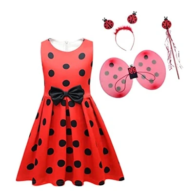 Afbeelding van Lito Angels Ladybug kostuum lieveheersbeestje met vleugels en accessoires voor kinderen, meisjes, jurk rode zwarte stippen, verjaardag, feest, carnaval, maat 5 6 jaar (etiket van stof 120)