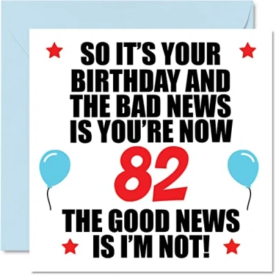 Afbeelding van Grappige verjaardagskaart voor de 82e verjaardag mannen en vrouwen Bad News papa, mama, tante, oom, grootvader, 145 mm x