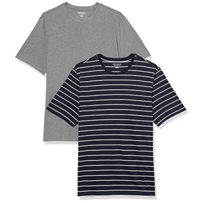 Image de Amazon Essentials Lot de 2 t shirts à manches courtes et col rond pour homme, coupe classique, gris chiné/rayures bleu marine, taille M