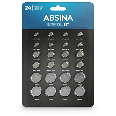 Afbeelding van ABSINA 24 stuks alkaline &amp; lithium knoopcellen 2X AG1 / AG3 4X AG4 AG10 AG13 CR2016 CR2025 CR2032 1,5 V 3 knoopcel assortiment lekvrij knoopbatterijen