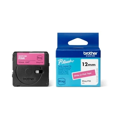 Afbeelding van Brother BTAG P35 labelprinter tape Wit op roze