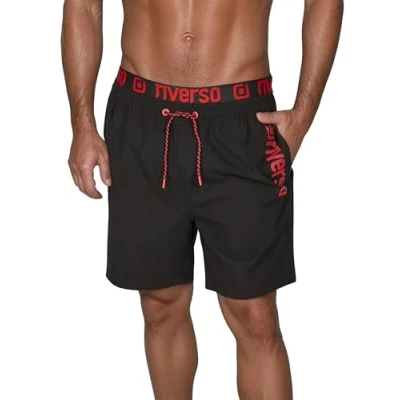 Afbeelding van riverso RIVBobby zwemshorts voor heren, zomer, strandshorts met trekkoord, print, 100% polyester, zwart, groen, oranje, rood, S, M, L, XL, XXL, 3XL, 4XL, 5XL, zwart/kersenrood