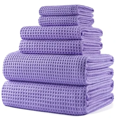 Afbeelding van POLYTE Set van 6 extra grote badhanddoeken, microvezel, sneldrogend, pluisvrij, 76 x 152 cm, paars (wafelweefsel)