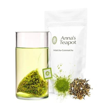 Afbeelding van Anna&#039;s Teapot biologische Japanse groene thee, sencha met gegrilde rijst en matcha, matcha genmaicha combinatie in theezakje, 20 piramidezakjes hersluitbaar etui