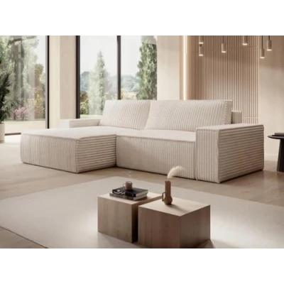Afbeelding van Vente unique Hoekslaapbank met hoek links van beige ribfluweel brede ribbels AMELIA L 267 cm x H 85 D 167