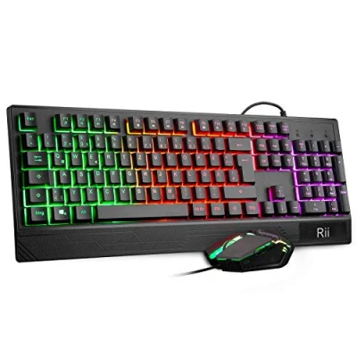 Afbeelding van Rii Gaming toetsenbord en muis set, toetsenbord, RGB QWERTZ achtergrondverlichting (Duitse lay out), regenboogkleuren, waterdichte USB verlichting met 3200 dpi voor Pro PC Gamer