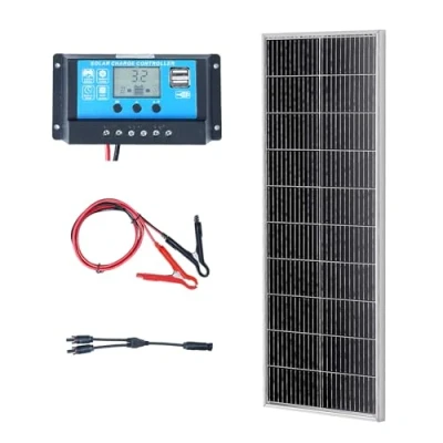 Afbeelding van VEVOR Set van 2 monokristallijne zonnepanelen 100 W 12 V plus laadregelaar 8,33 A zonnestelsel 23% conversiesnelheid compatibel met AGM, GEL, FLD LI accu&#039;s voor camper