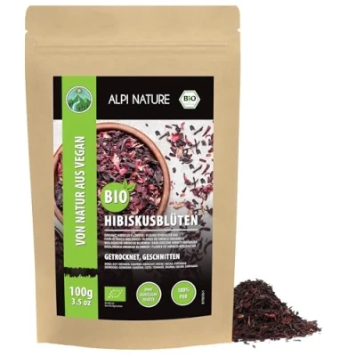 Image de Alpi Nature Hibiscus BIO Tisane 100g, Fleurs et Pétales d&#039;Hibiscus Séchés Coupés, Thé en Vrac