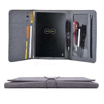 Afbeelding van Rocketbook Fusion Stoffen portemonneehoesje voor dames en heren, met penlus, telefoonvak, visitekaarthouder, A5 notitieboek (grijs)