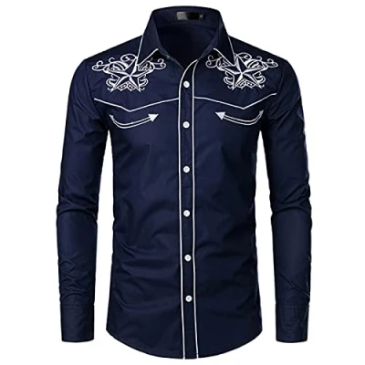 Afbeelding van NW Cowboyhemd voor heren, slim fit, borduurwerk, lange mouwen, cowboyhemd, Navy 01