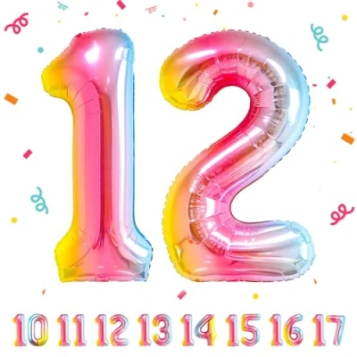 Afbeelding van Ballonnen verjaardag 12 jaar regenboog 101 cm ballon nummer opblaasbare folie decoratie man vrouw vliegen met helium