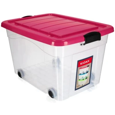 Afbeelding van KADAX opbergdoos van kunststof met wielen, 60 liter, roze, organizer deksel, clipbox voor speelgoed, kliksluiting