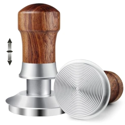 Afbeelding van HOLIHOKY 54 mm koffiepers met drukdruk 304 kg golfbodem van roestvrij staal 304, constante druk dubbele veer, voor Sage filterhouder mm, houten handvat