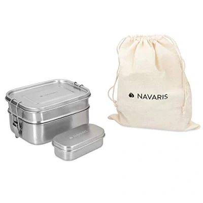 Afbeelding van Navaris RVS broodtrommel 3 stuks delige set Meal prep bakje Vershouddoos Dubbele lunchbox Vaatwasbestendig