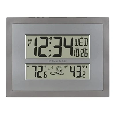 Afbeelding van La Crosse Technology 512 85937 INT atomaire digitale wandklok met temperatuur en voorspelling in grijs/zilver