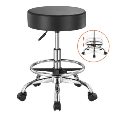 Image de VEVOR Tabouret rond à roulettes hauteur réglable cuir PU avec repose pieds noir
