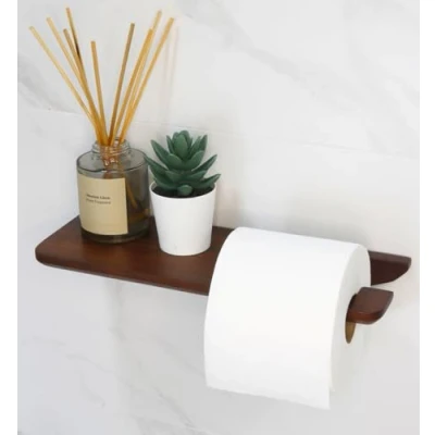 Afbeelding van toiletpapierhouder van hout, met plank voor mobiele telefoon en vochtige doekjes, inclusief bevestigingsmateriaal