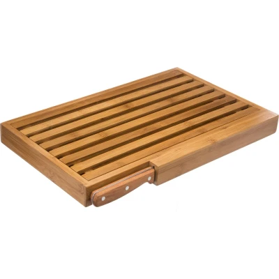Afbeelding van Brood snijplank met kruimel opvangbak 44 x 27 cm van bamboe hout inclusief broodmes Serveerplank Broodplank