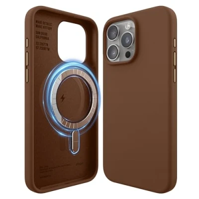 Afbeelding van Elago Magnetische siliconen hoes, compatibel met iPhone 15 Pro Max (6,7 inch), alle MagSafe accessoires, ingewerkte magneten, zachte siliconen, schokbestendig (bruin)