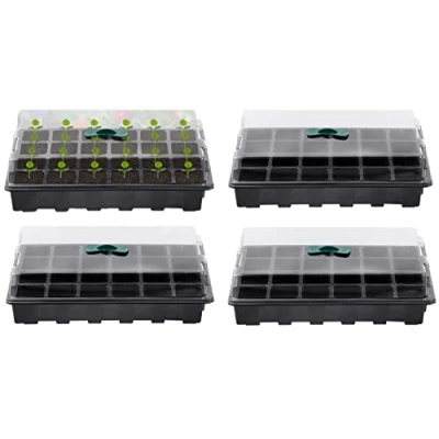 Afbeelding van KAHEIGN Set van 4 kweekschalen voor planten, 24 cellen, kunststof met verstelbare ventilatieopeningen, broeikas (met deksels en sokkel)