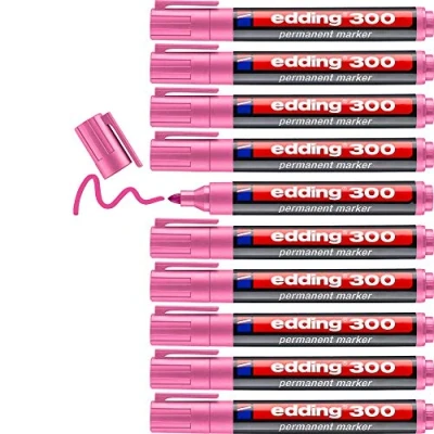 Image de edding 300 Marqueur permanent rose 10 stylos pointe ronde 1,5 3 mm sèche vite, résiste à l&#039;eau et aux frottements pour carton, plastique, bois, métal, verre