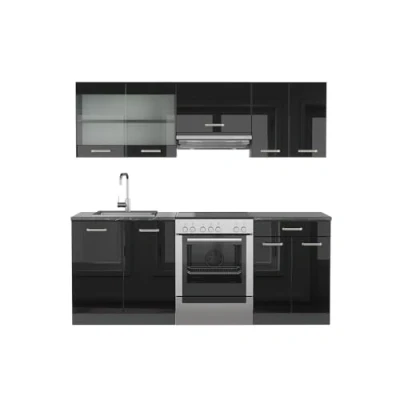 Afbeelding van Vicco Kitchenette R Line zwart hoogglans / antraciet, 200 cm zonder werkblad