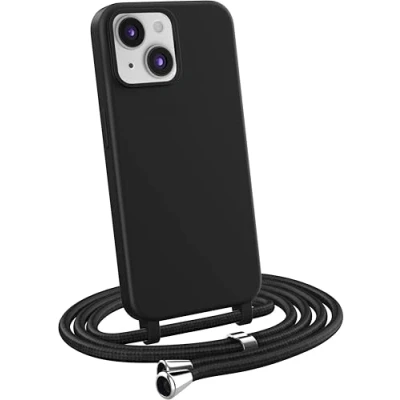 Afbeelding van MyGadget Beschermhoes met koord voor iPhone 13 Mini Matte bumper van siliconen, effen, halsketting, halsband, bescherming tegen stoten huid en zwart