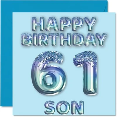 Afbeelding van Verjaardagskaart voor zoon 61 jaar, blauwe glitterballonnen, verjaardagskaarten jarige van mama en papa, 145 mm x