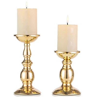 Afbeelding van Nuptio Pijler Kandelaars Metalen Kandelaar Ideaal voor 80mm Kaarsen, Goud Woonkamer, Tuinen, Spa, Aromatherapie, Wierookkegels, Bruiloft, Feest, 2 Stuks