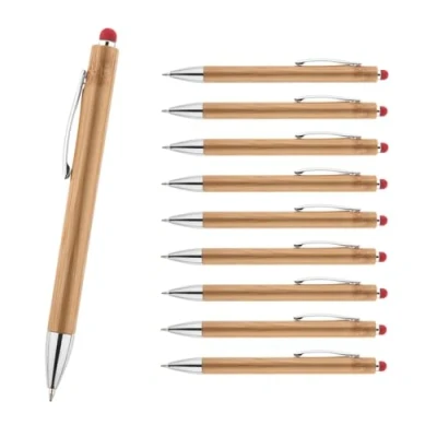 Afbeelding van WPRO Bamboo 10 stuks rode bamboe balpennen duurzame blauwe inkt pennen met verwisselbare vulling en touch functie voor smartphones