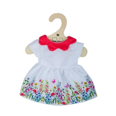 Afbeelding van Bigjigs Poppenkleren Jurk Wit Bloemenrand Rode kraag 34cm