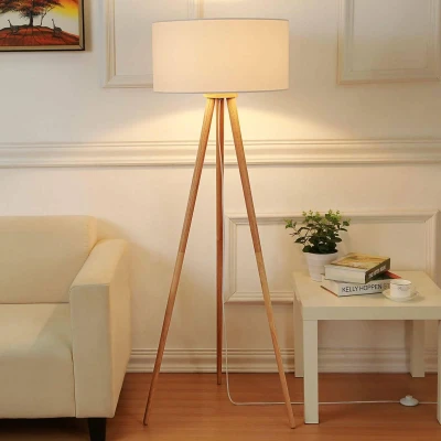 Afbeelding van Lindby vloerlamp Driepoot 1licht eshout, stof H: 150 cm E27 es, wit