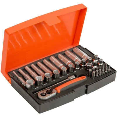 Image de BAHCO SL25L jeu de douilles métriques 1/4&quot; long avec embouts vissage dans une boîte rangement 37 pièces