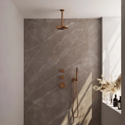 Afbeelding van Brauer Copper Edition Regendoucheset inbouw hoofddouche 20cm plafondarm 3 gladde knoppen handdouche staaf 1 stand PVD geborsteld koper