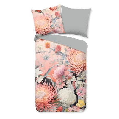 Afbeelding van Dekbedovertrek 135x200 cm Bloemenprint Roze/Grijs 1 Persoons 100% Katoen Oeko Tex Gecertificeerd
